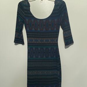 Try ! This Womens Multicolor Aztec Scoop Neck 3/4 Sleeve Bodycon Dress Small NWT